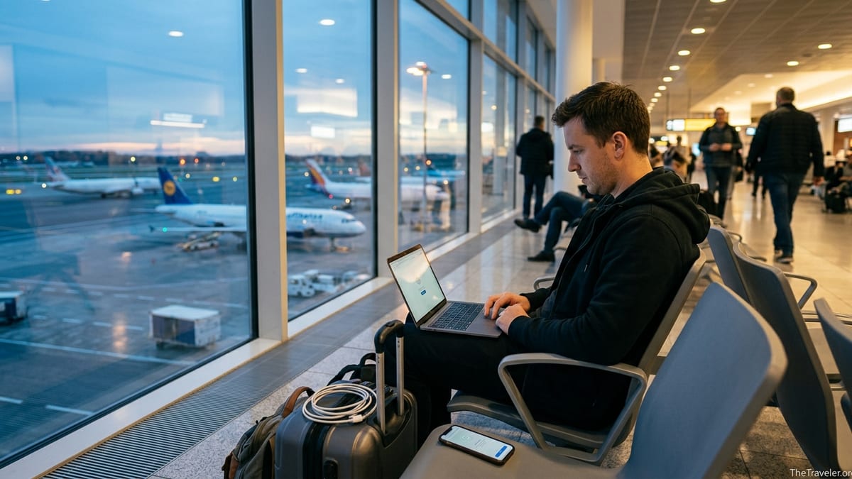 Traveler using a laptop and phone with VPN in an airport departure lounge at dusk.