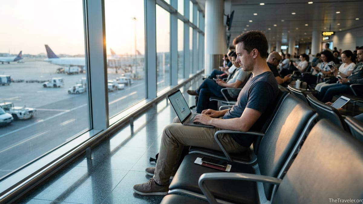 Traveler using a laptop with VPN at an airport lounge near large windows at dusk.
