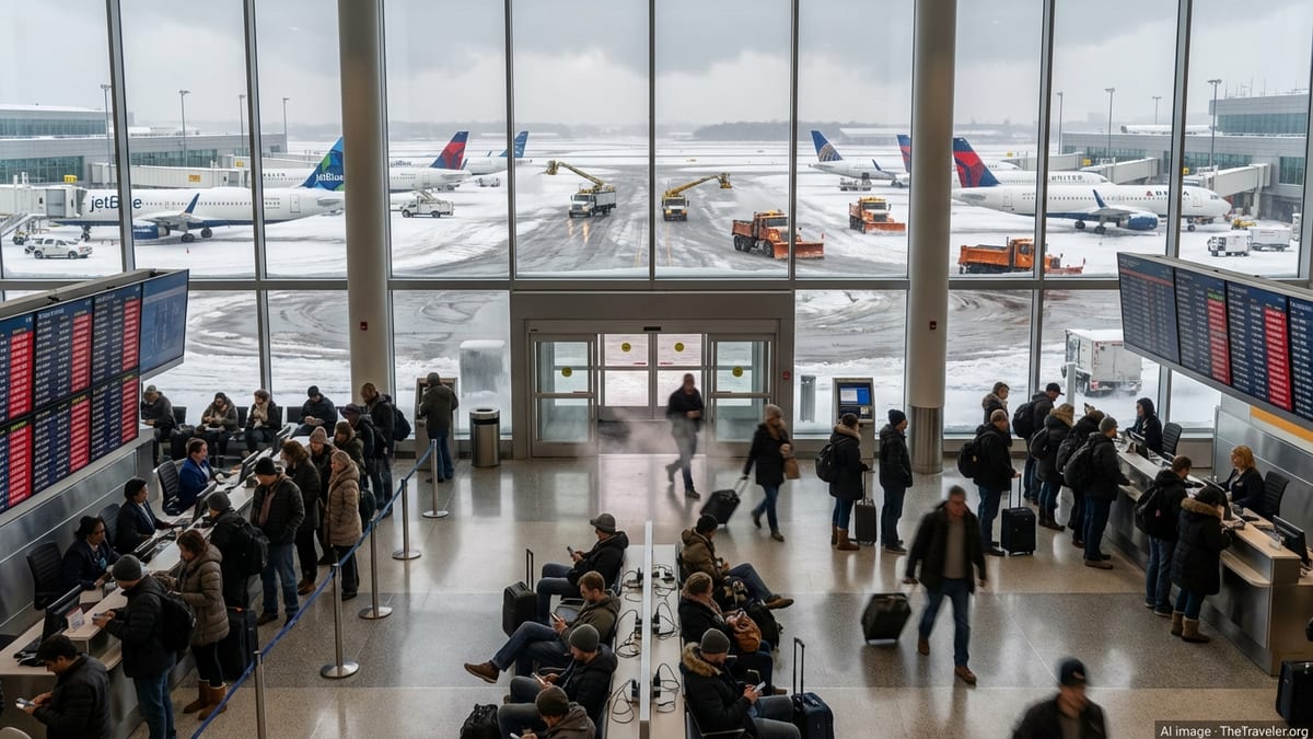 Crowded U.S. airport terminal as snow-covered jets sit idle during a major winter storm.