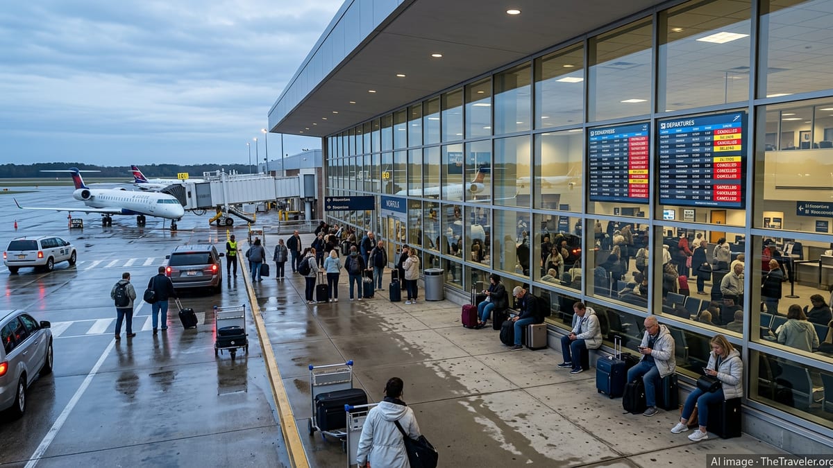 Passengers wait outside Norfolk International Airport as regional jets sit at dimly lit gates under a cloudy evening sky.