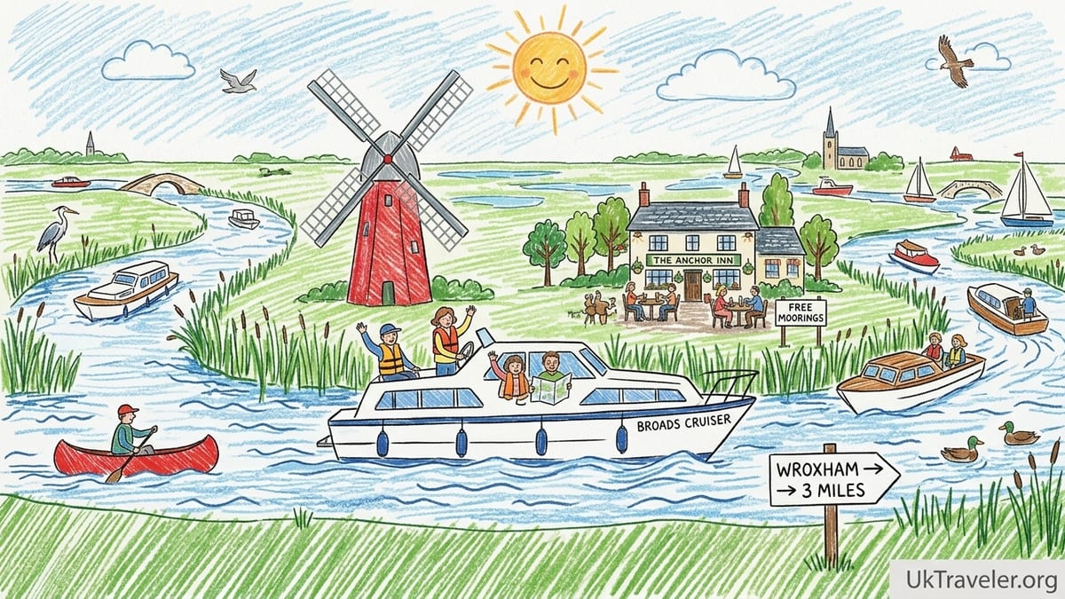 Modern hire cruisers on a calm Norfolk Broads river with reeds, windpump and families on deck.