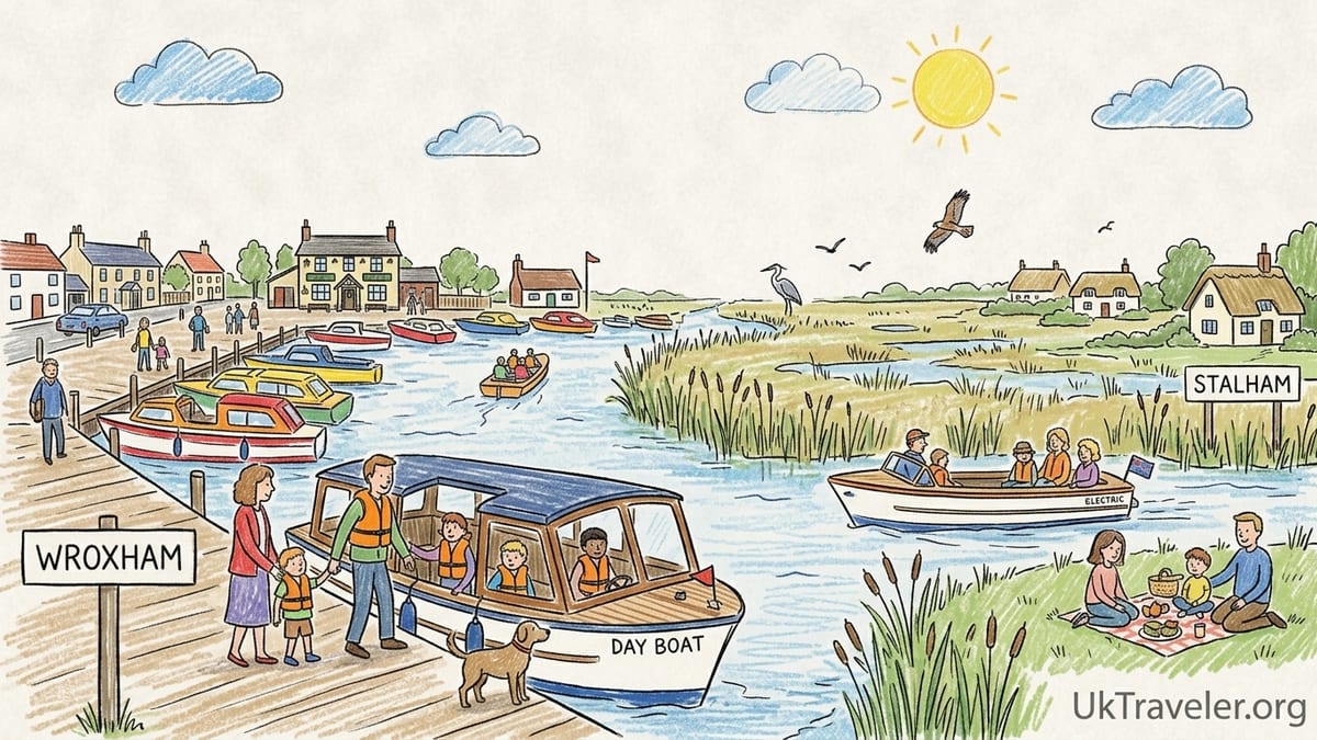 Family cruising in a small day boat on the Norfolk Broads near Wroxham.
