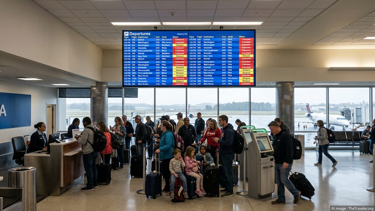 Crowded Norfolk International Airport concourse with cancellations on the departure board.