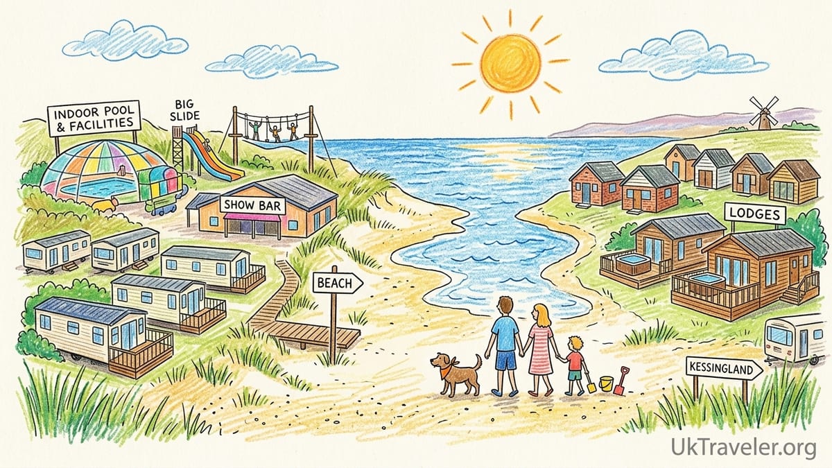 Families walking from caravans through sand dunes to a Norfolk beach at sunset.