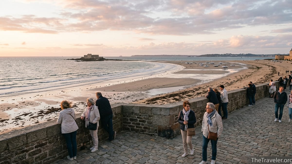 View from Saint-Malo ramparts over tidal beach and sea at low tide in warm evening light.