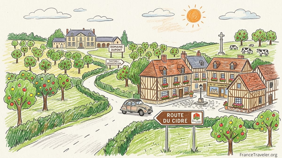Country lane on Normandy’s cider route passing apple orchards and a half-timbered farmhouse at golden hour.