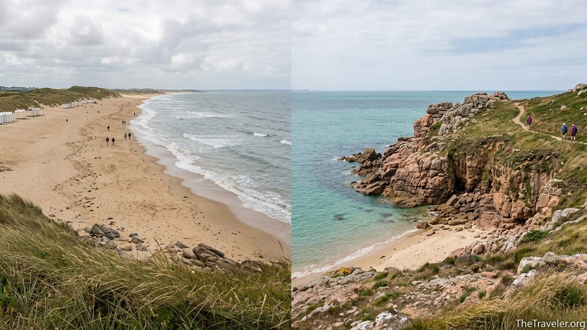 Contrasting Normandy sand beach and rugged Brittany cliffs along the northern French coast.