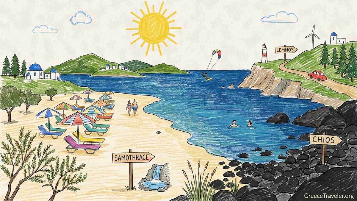 A long sandy North Aegean beach with sunbeds, clear turquoise sea and low green hills at sunset.