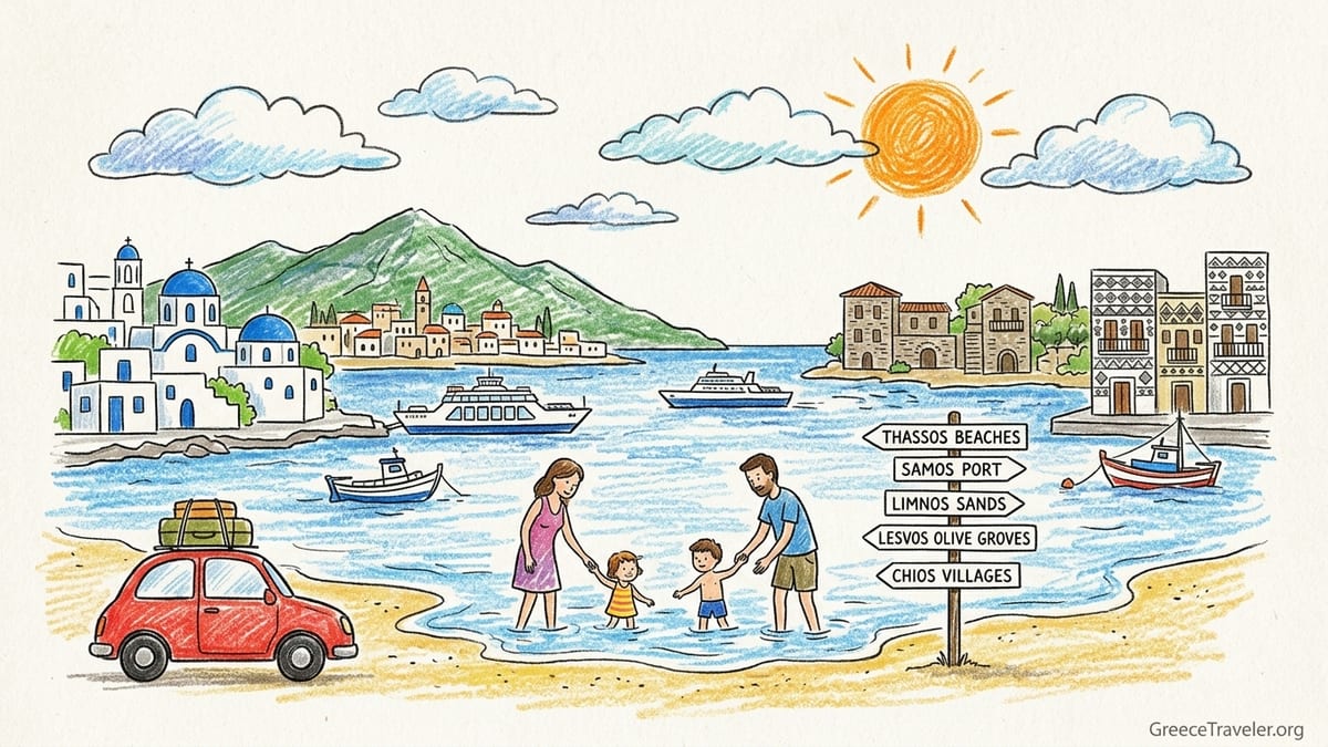 Family with children playing in shallow water on a quiet North Aegean sandy beach at sunrise.