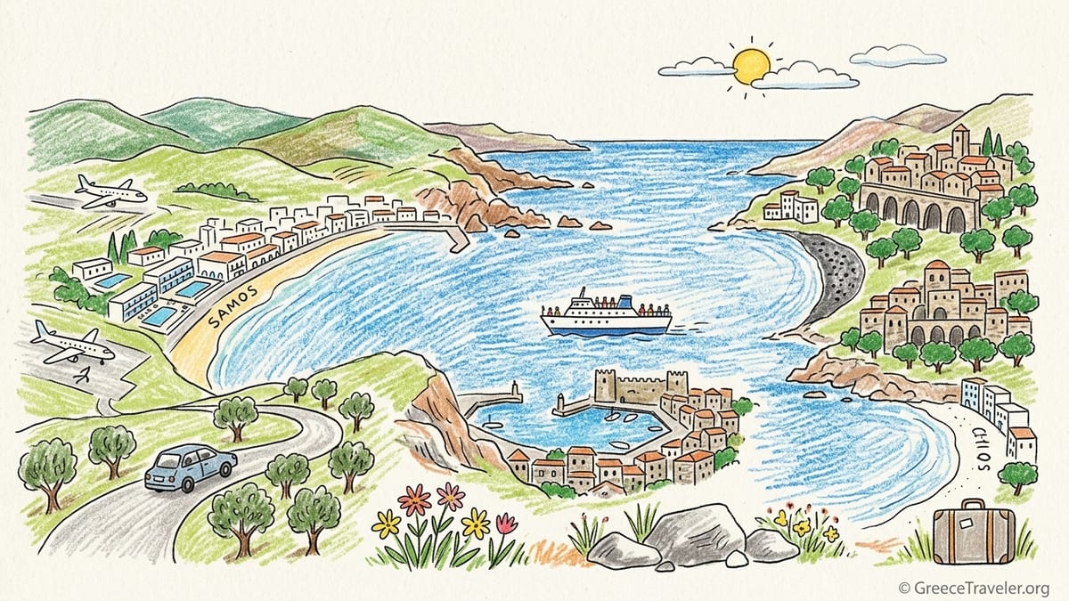 Sunrise over a quiet North Aegean bay with low-rise beachfront hotels and a small harbor.