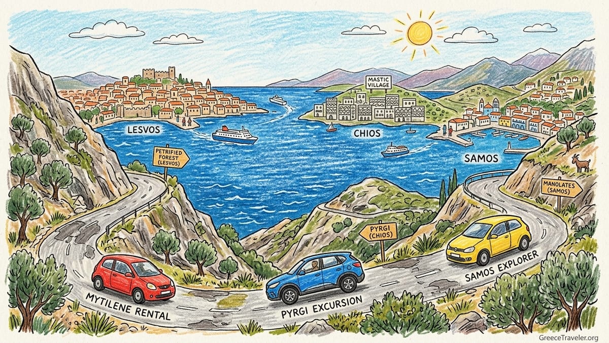 Rental car parked above a North Aegean coastal village and bay at golden hour.