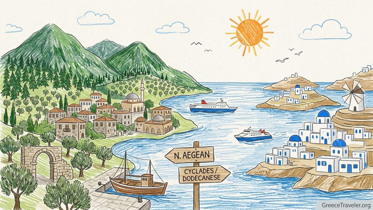 Harbor village on a green North Aegean island at golden hour with fishing boats and hillside houses.