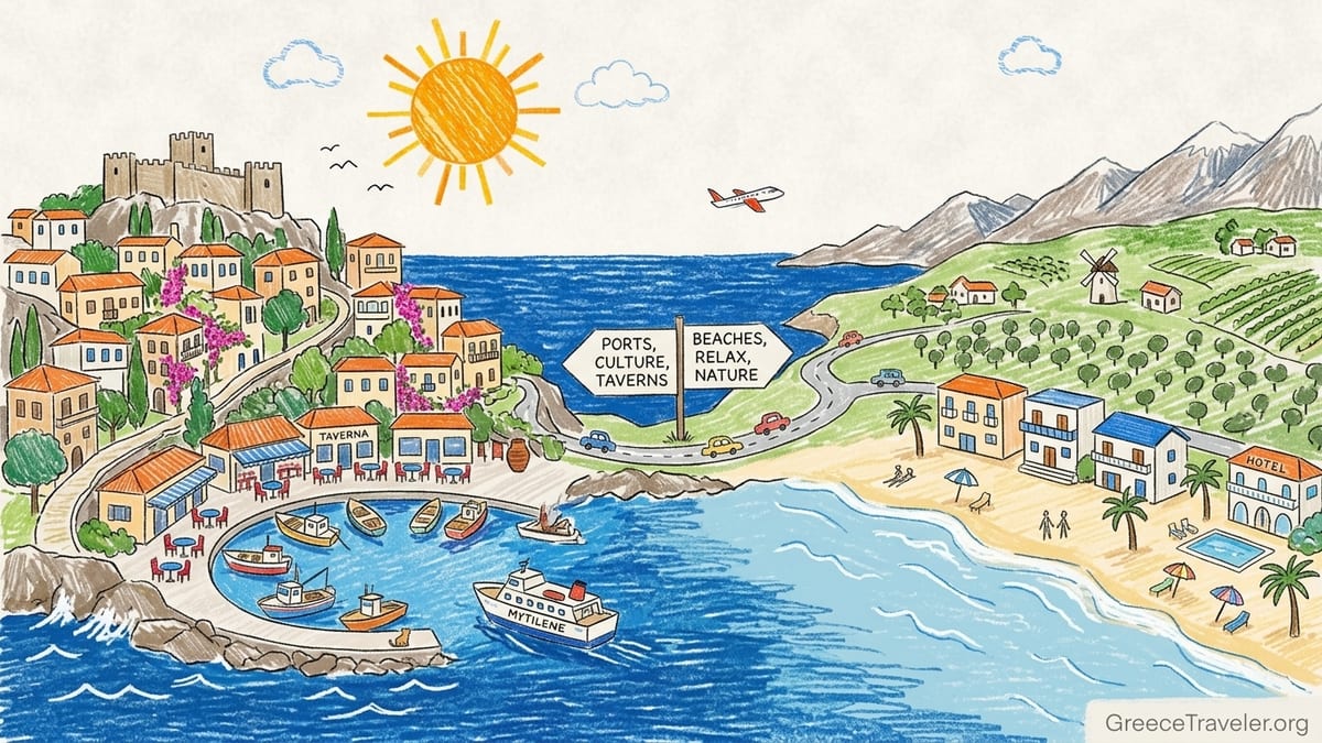 Harbor village in the North Aegean at sunrise with castle, tavernas and fishing boats.