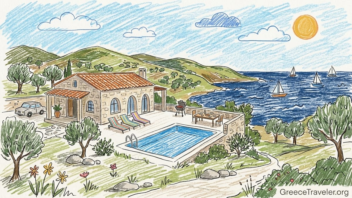 North Aegean hillside villas with private pools overlooking the sea at sunset.