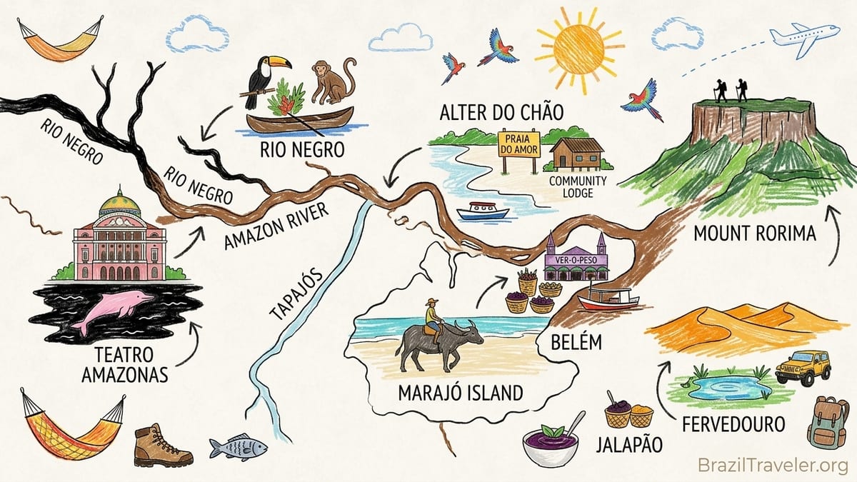 Aerial view of an Amazon river curving through rainforest with a sandy beach at sunset.