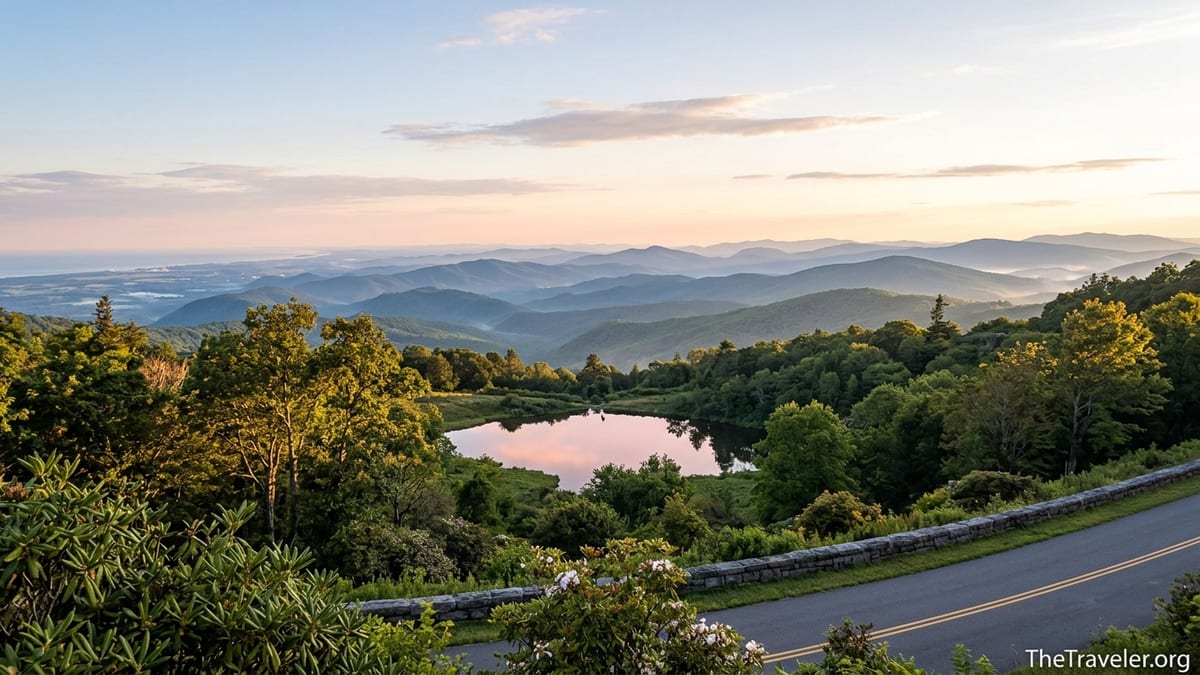 Blue Ridge Parkway overlook with layered mountains and a calm lake at sunrise in North Carolina.