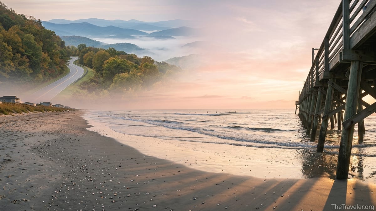 North Carolina scene blending a calm Atlantic beach sunrise with distant Blue Ridge mountain ridges.