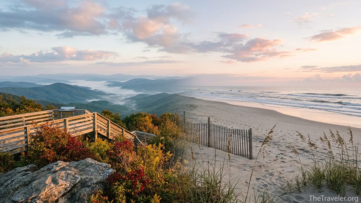 View of North Carolina mountains and Atlantic beach contrasting in one wide scene at sunrise.