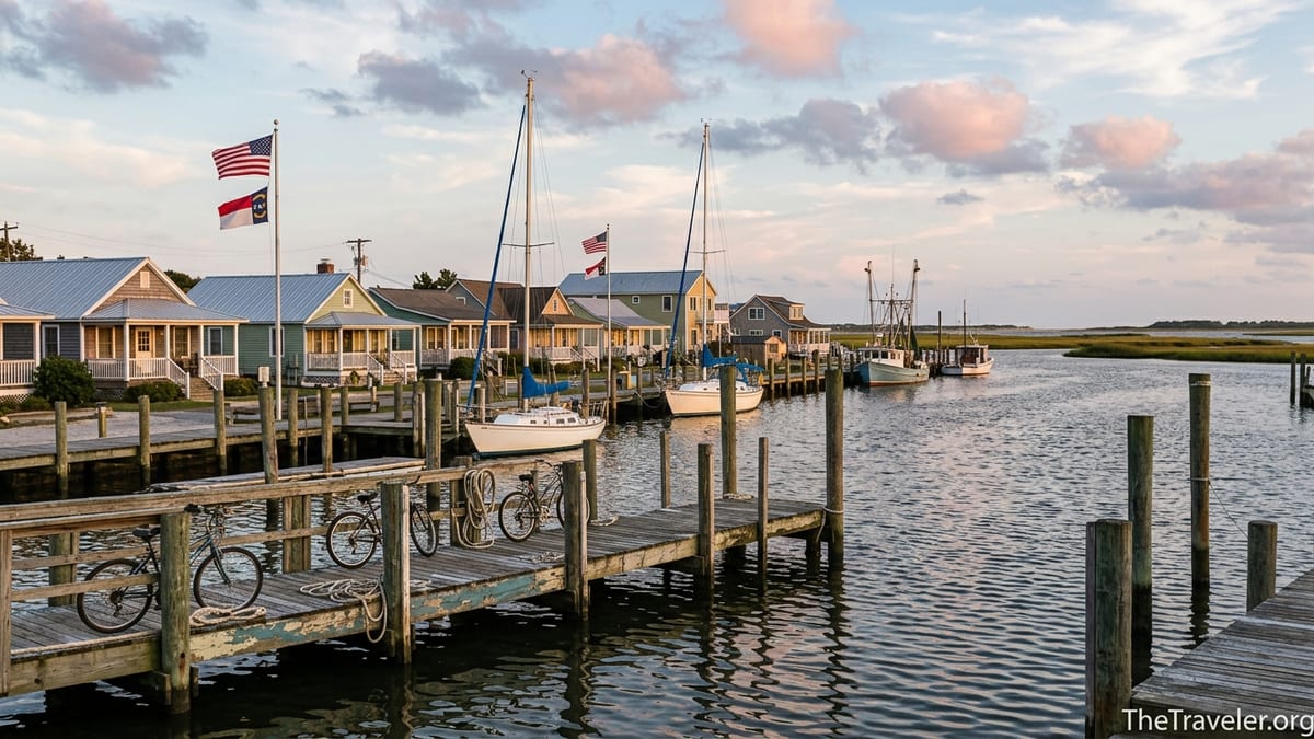 Quiet North Carolina harbor at golden hour with boats and historic waterfront buildings.