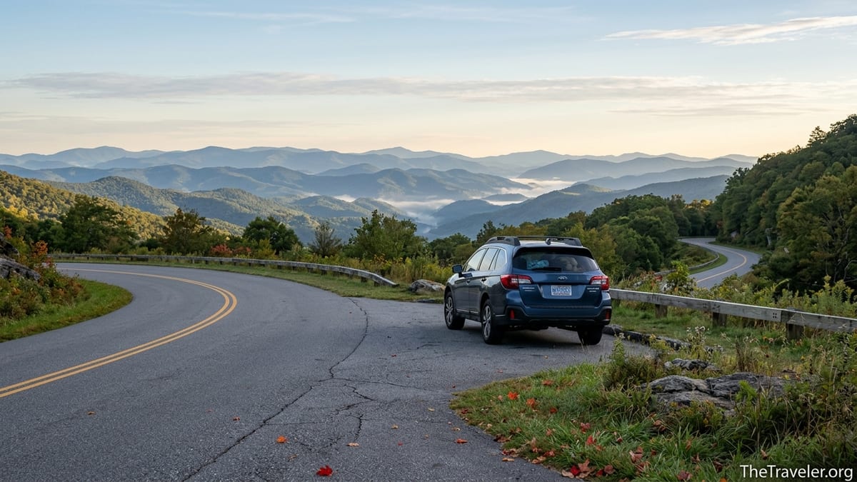 Curving Blue Ridge Parkway at sunrise with car parked overlooking misty North Carolina mountains.