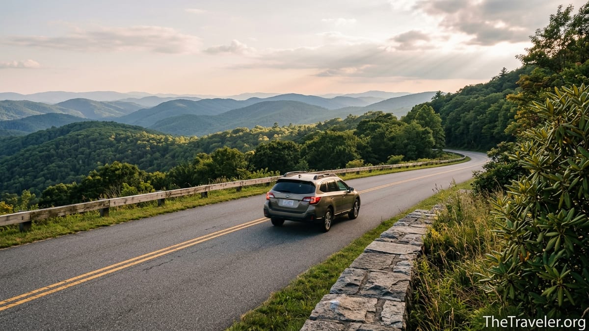 Curving Blue Ridge Parkway road in North Carolina at sunset with distant blue mountains.