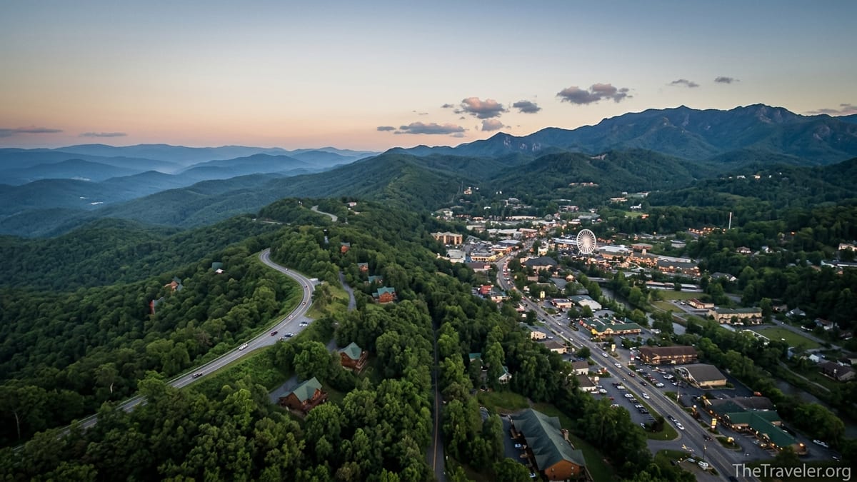 Aerial twilight view of the Blue Ridge and Smoky Mountains spanning North Carolina and Tennessee.