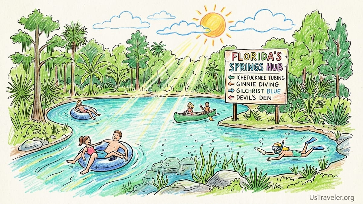 Aerial view of clear turquoise Florida springs flowing into a forested river near High Springs.