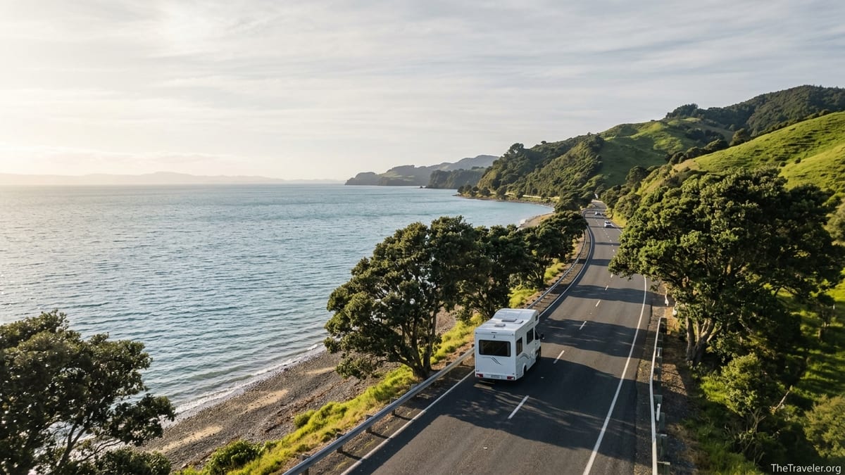 Campervan driving along a winding coastal road on New Zealand’s Coromandel Peninsula