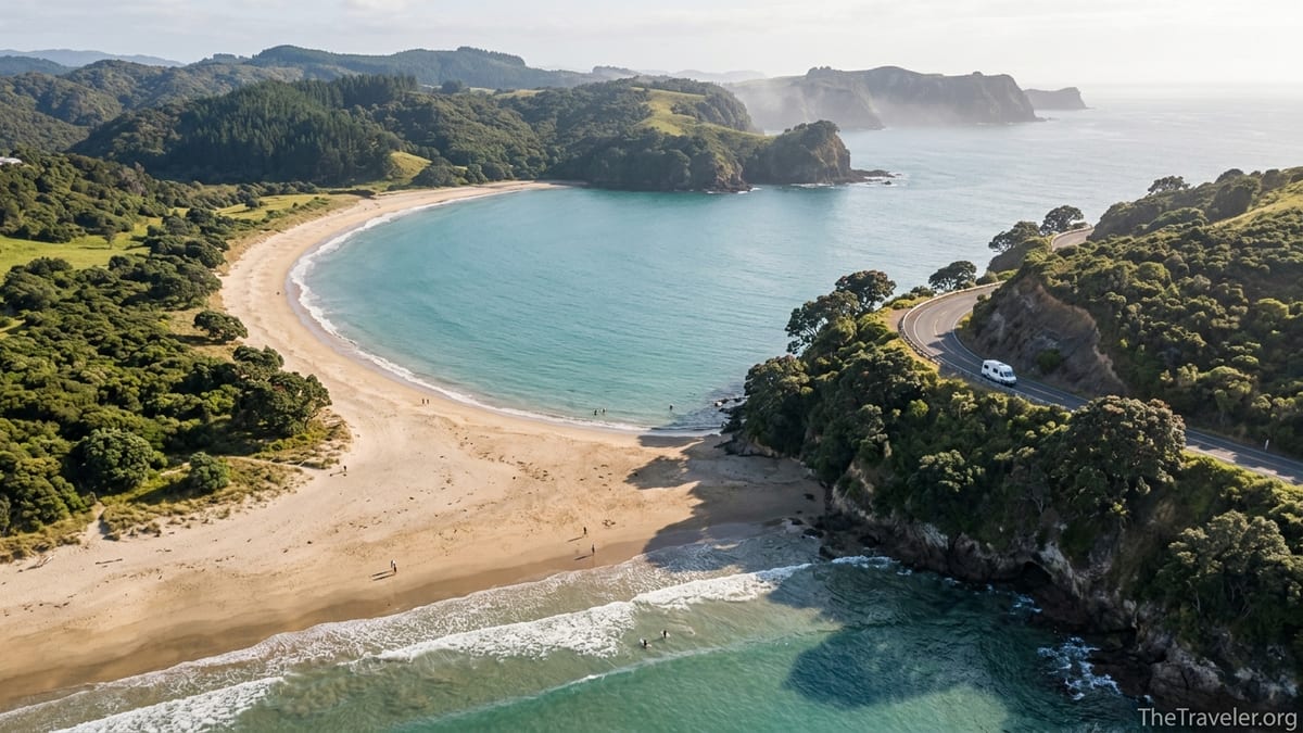 Aerial view of a curved North Island beach with a campervan on a coastal road at sunset.