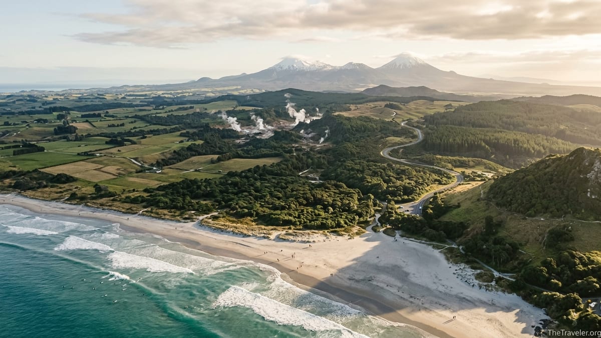 Aerial view of North Island New Zealand with beach, forests and distant volcanoes at sunset.