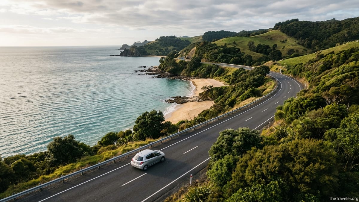 Winding coastal highway on New Zealand’s North Island with car beside turquoise sea and green hills.