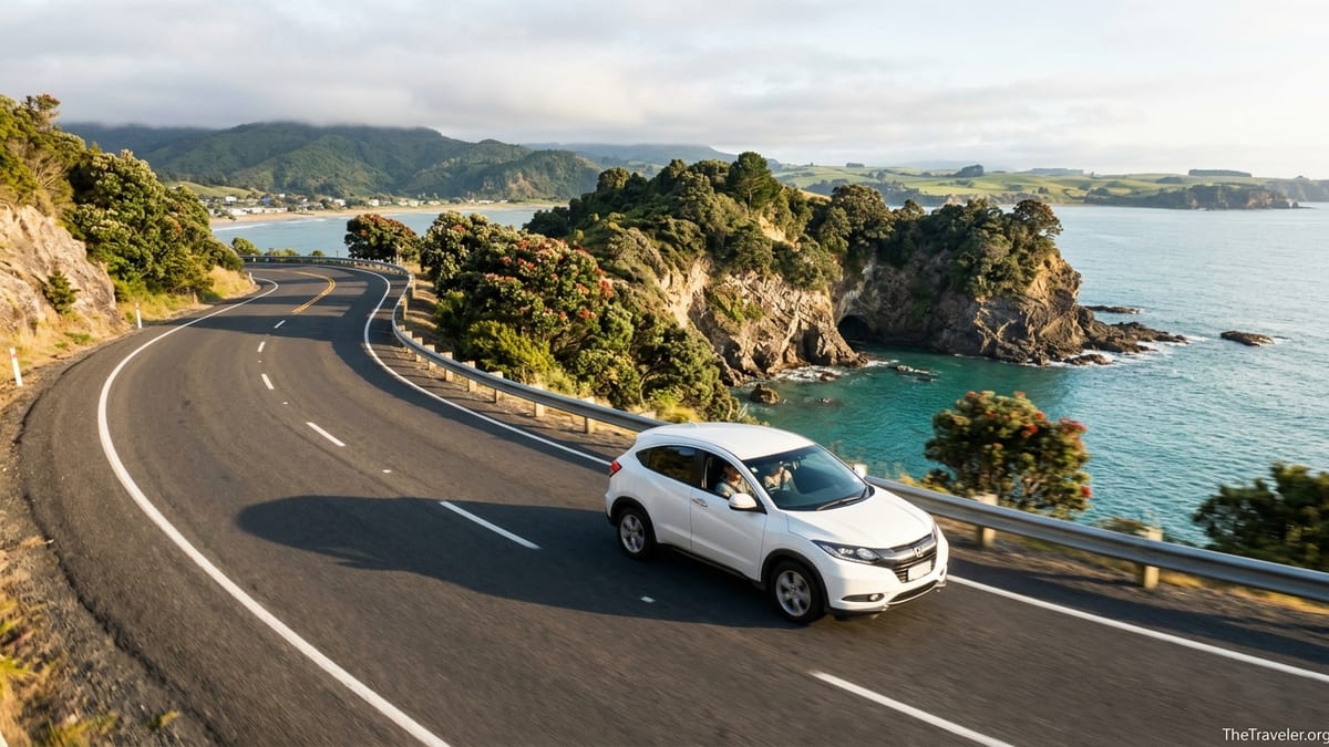 A car drives along a winding coastal highway on New Zealand’s North Island at sunrise.