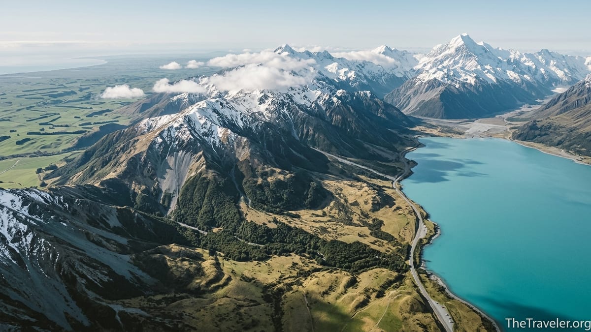 Aerial view of New Zealand mountains, lake and farmland contrasting North and South Island landscapes.