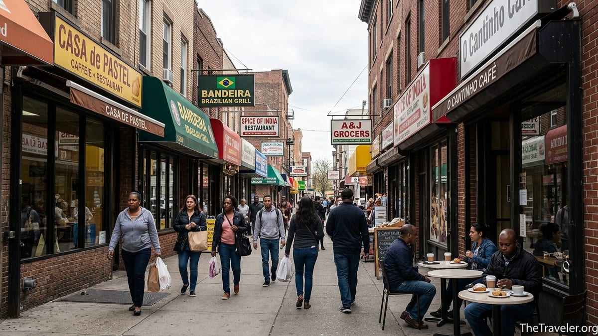 Busy multicultural street scene in North Jersey with diverse restaurants and pedestrians.