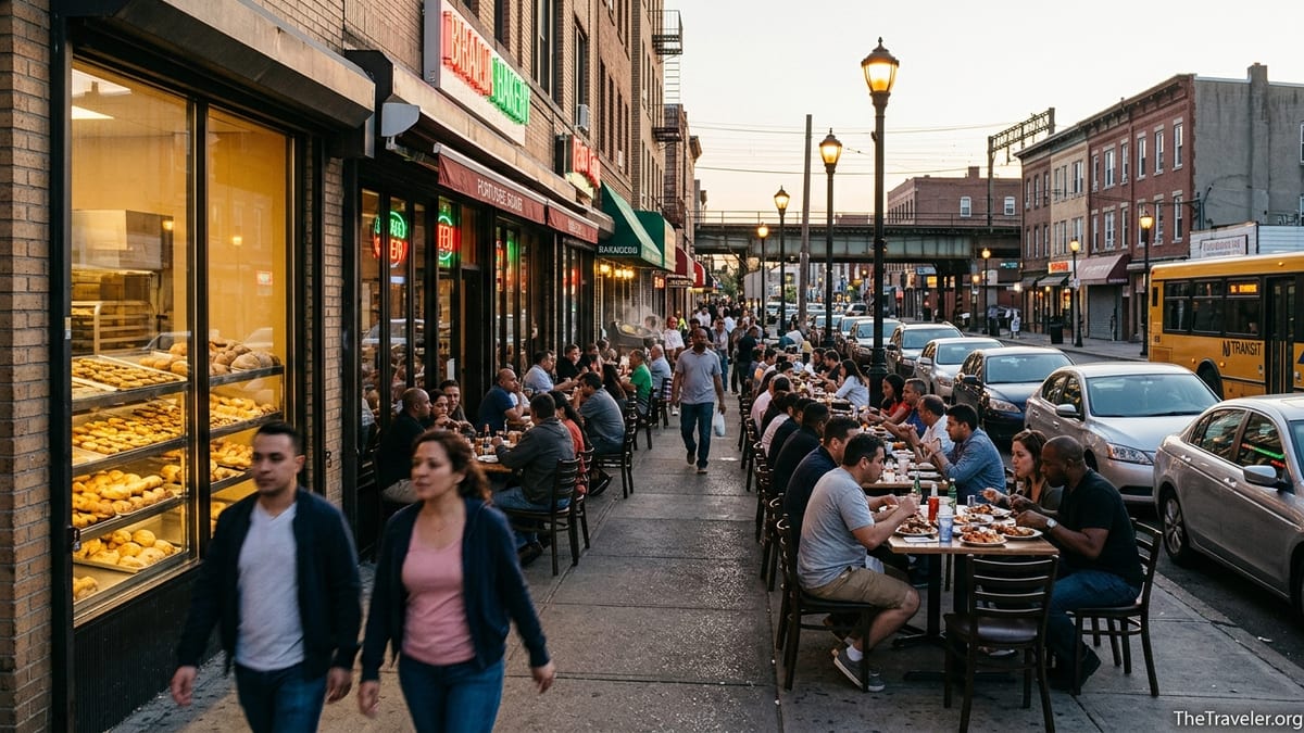 Evening street in Newark’s Ironbound with busy Portuguese restaurants and pedestrians.