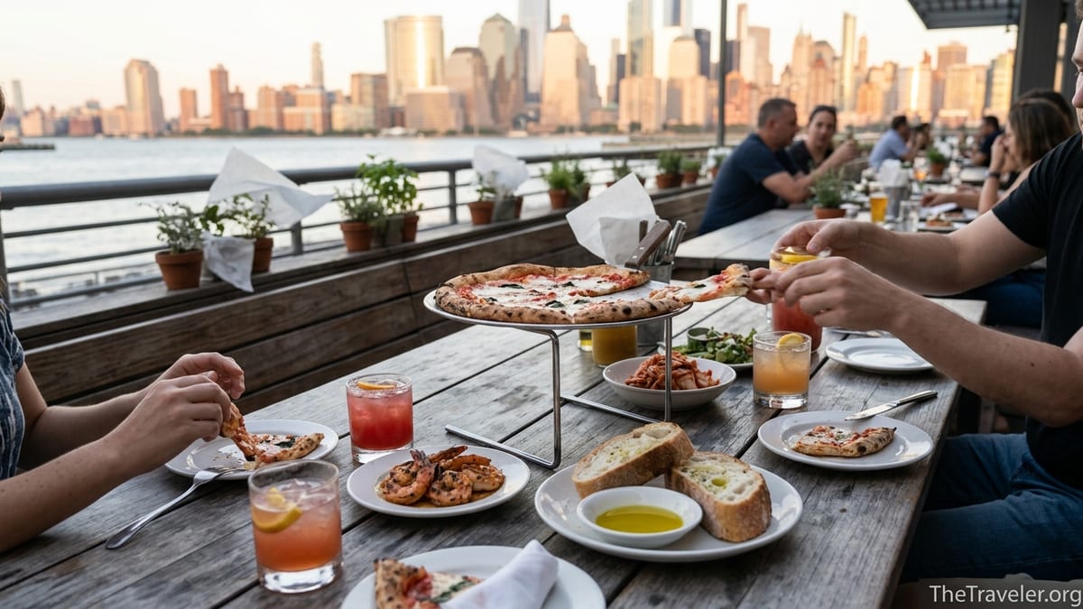 Outdoor waterfront table in Jersey City filled with pizza, seafood, and drinks at sunset.