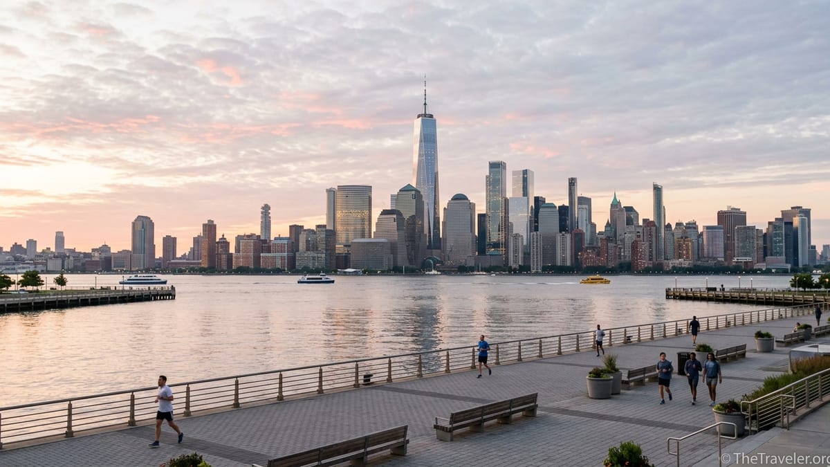 Sunrise view of Manhattan skyline from Jersey City waterfront promenade.