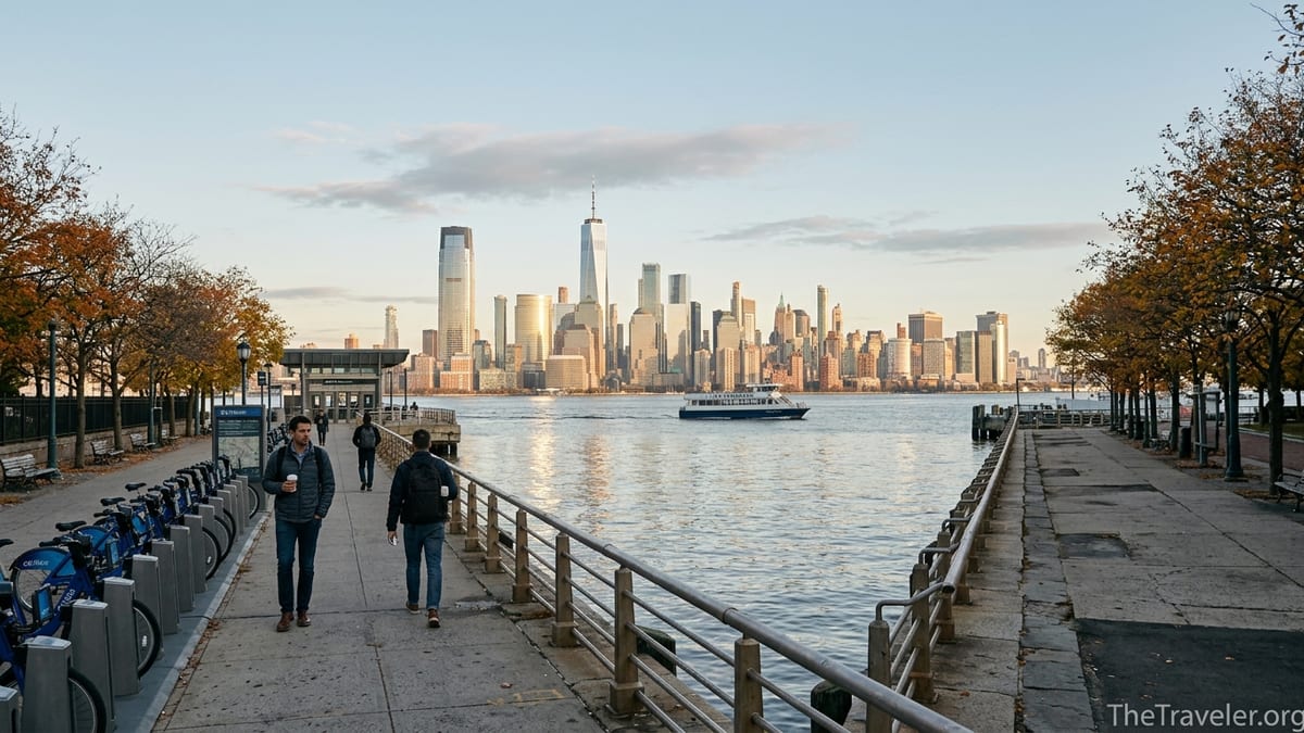 Commuters on the Hoboken waterfront walking past the Hudson River with the Manhattan skyline at sunrise.
