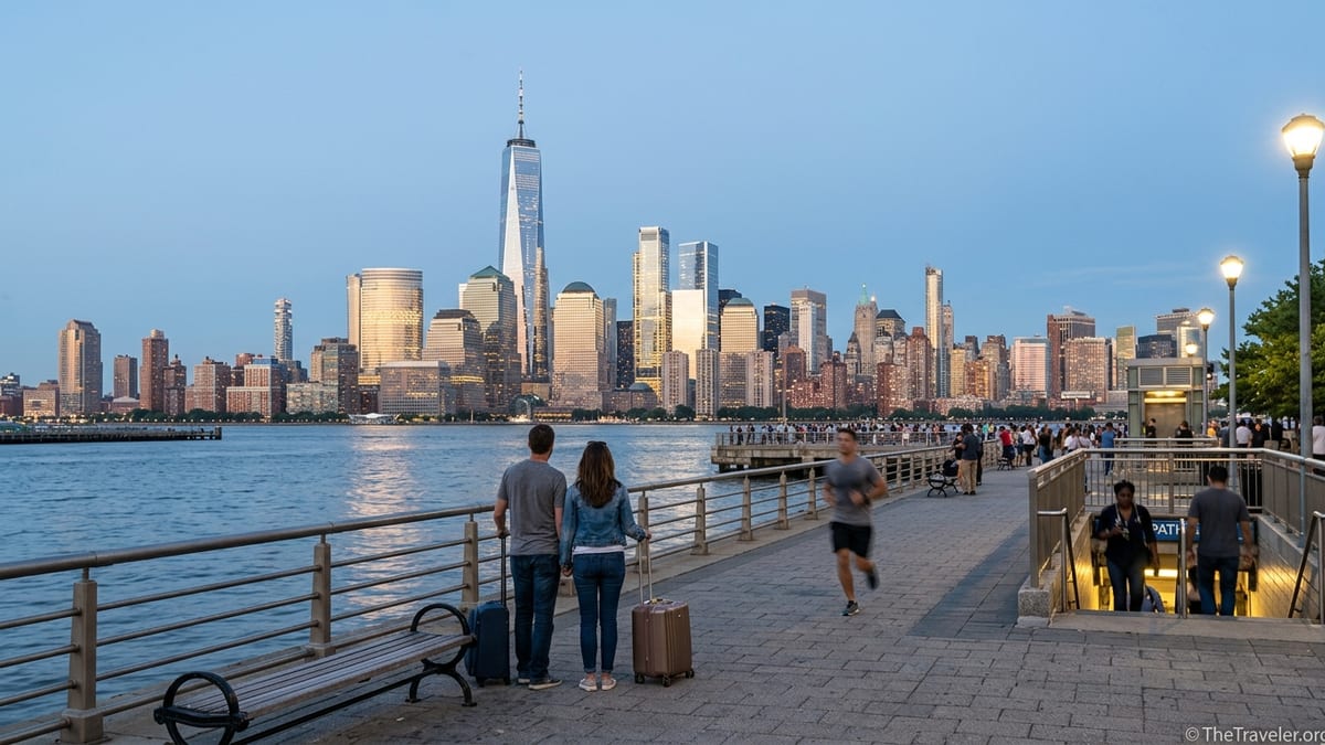 Travelers on the Jersey City waterfront looking toward the illuminated Manhattan skyline at dusk.