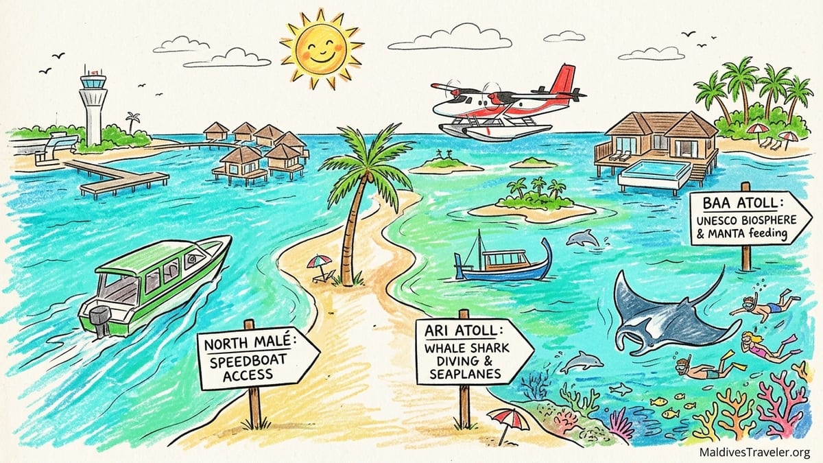 Aerial view of Maldivian islands with speedboat, seaplane and remote reefs at sunset