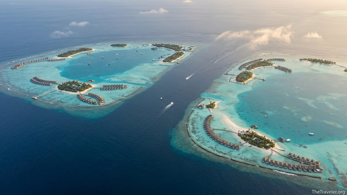 Aerial view of North and South Malé Atolls with resort islands and speedboats crossing the channel.