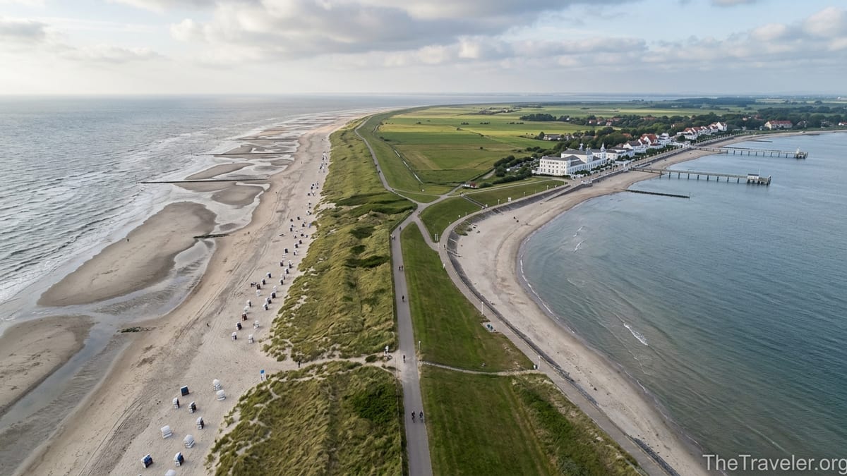 Aerial view contrasting a wild North Sea beach with calm Baltic Sea bay in Northern Germany.