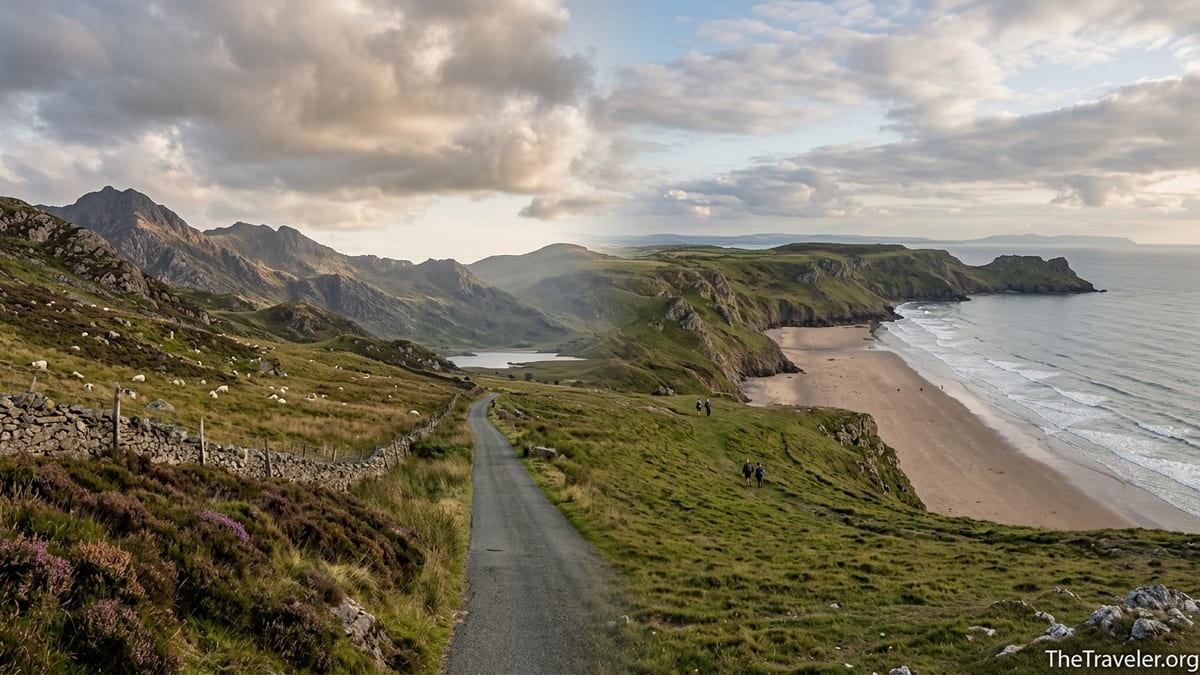Split Welsh landscape showing Snowdonia mountains and a sweeping Gower Peninsula beach at sunset.