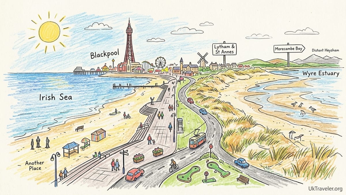 Wide view of a North West England promenade and sandy beach at low tide with a few walkers and distant pier.