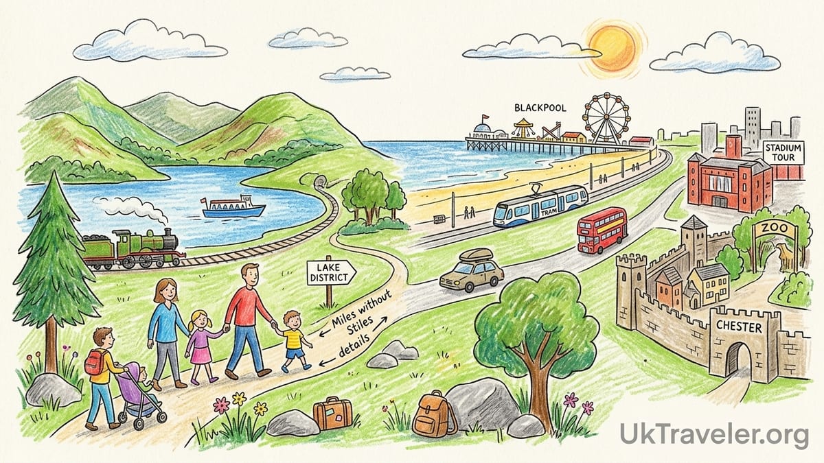 Family with children walking by a Lake District shore path with cruise boat and green hills.
