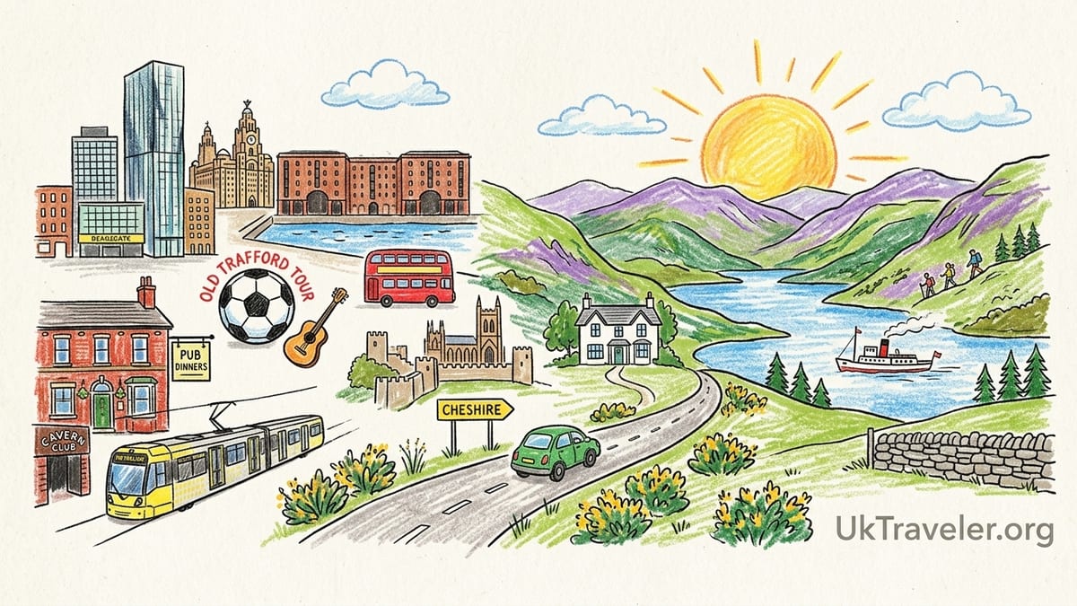 View of Bowness-on-Windermere with bus, car, boats and green fells on a bright summer afternoon.