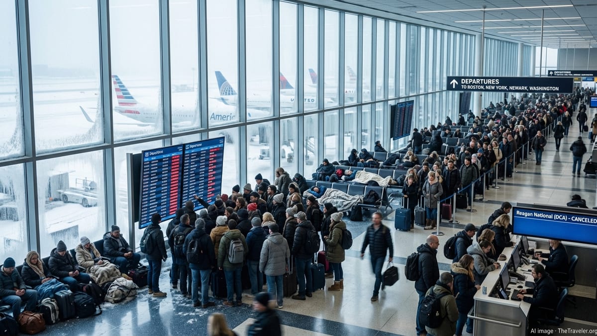 Crowded U.S. airport terminal with stranded winter storm passengers and canceled flights on screens.