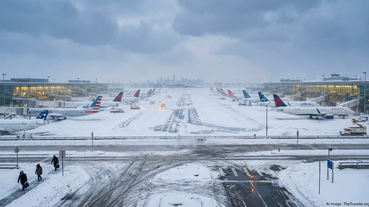 Snowbound New York airport with grounded planes, plows and blowing snow during a major blizzard.
