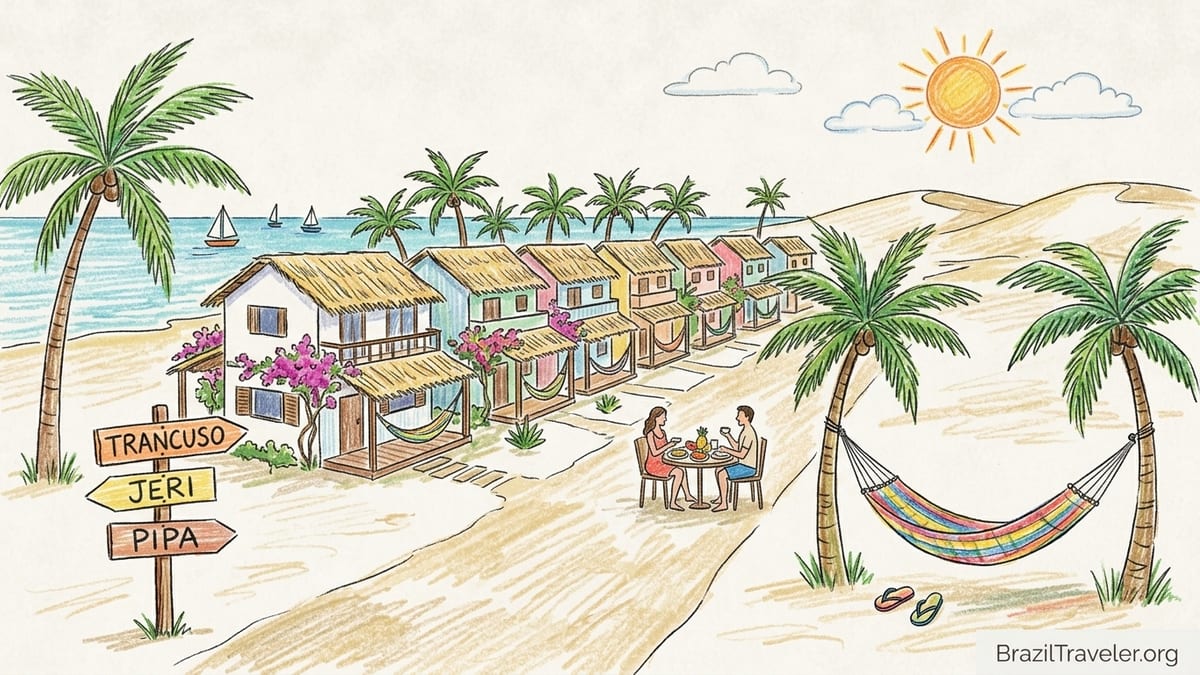Boutique pousada with hammocks and palm trees near a sandy beach in Northeast Brazil