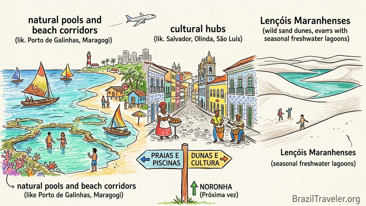 Northeast Brazil coastline with colonial town, turquoise natural pools and white sand dunes at sunset.